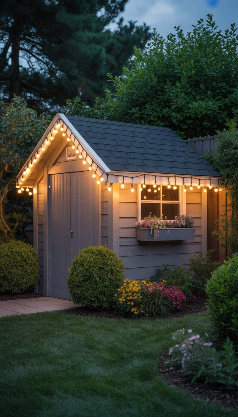 A backyard shed with fairy lights hung along the roofline surrounded by green plants and flowers in a garden.