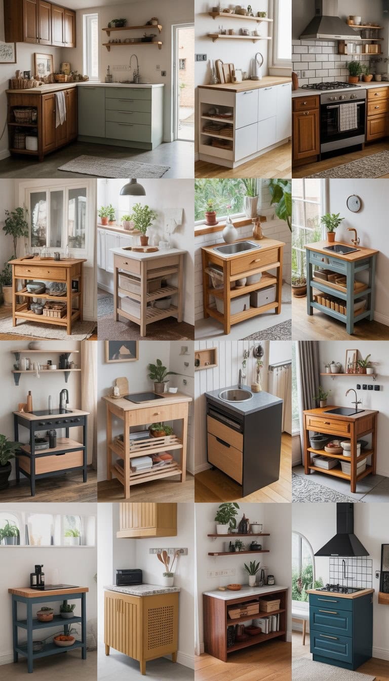A collection of compact kitchen islands with storage in small home kitchens, showing various designs and materials in bright, cozy spaces.