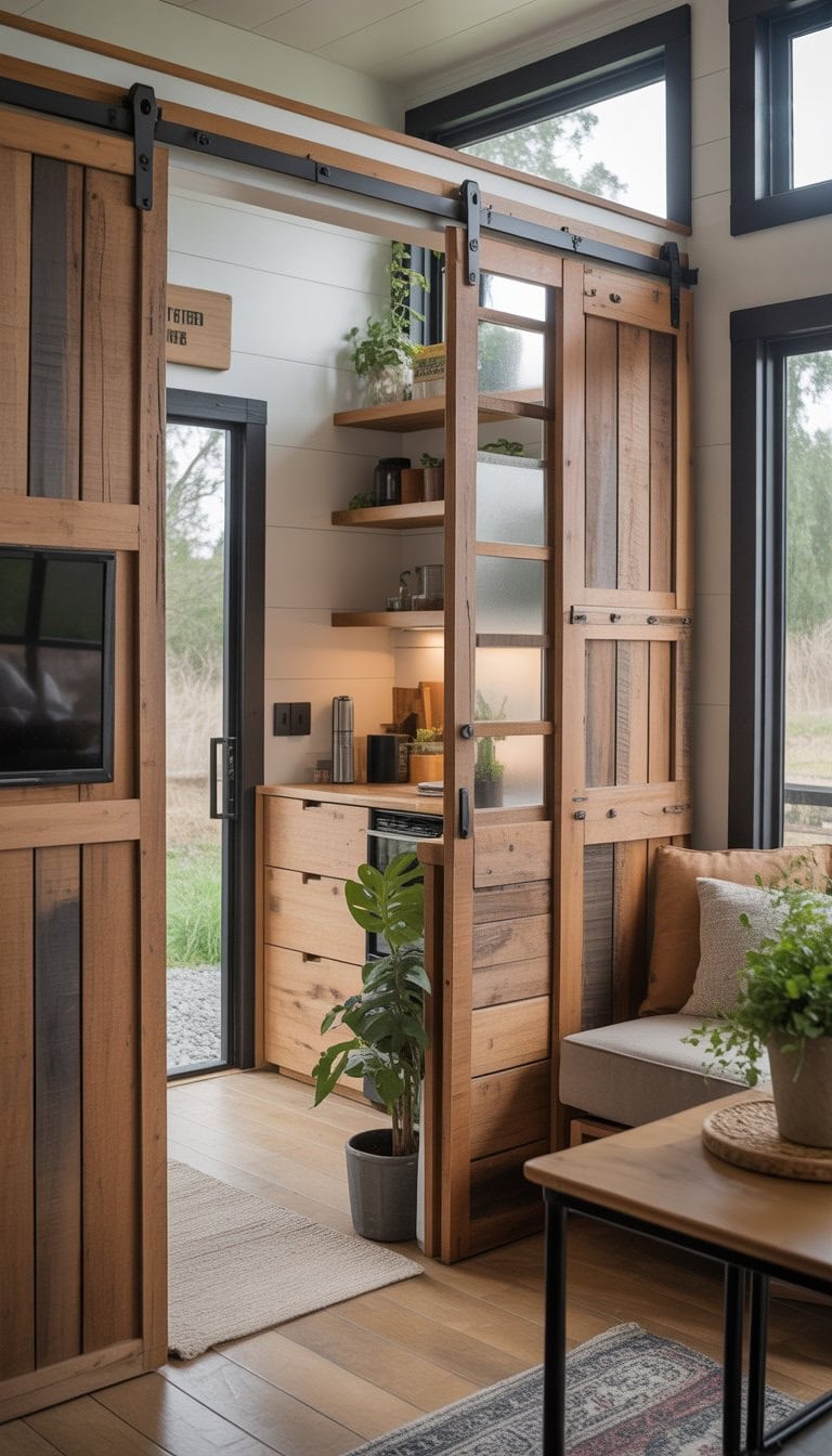 Interior of a tiny home with barn doors used as sliding room dividers separating living, kitchen, and workspace areas.