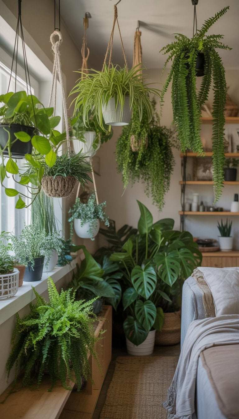 Indoor view of a tiny home with various hanging plants suspended from the ceiling, adding greenery without using floor space.