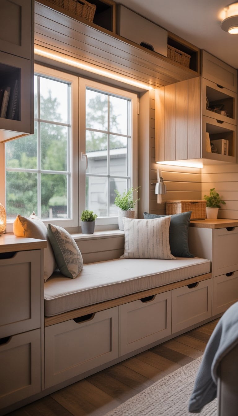 A cozy window seat with cushions and storage drawers below, situated under a large window inside a tiny home.