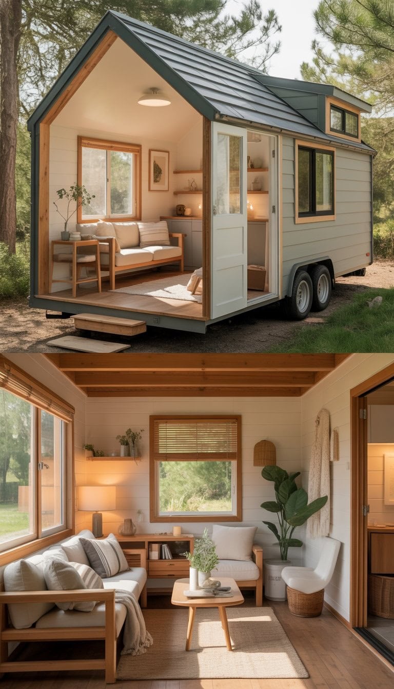 A cozy tiny home with neutral colors and natural wood tones, showing both the interior living space and the exterior surrounded by greenery.