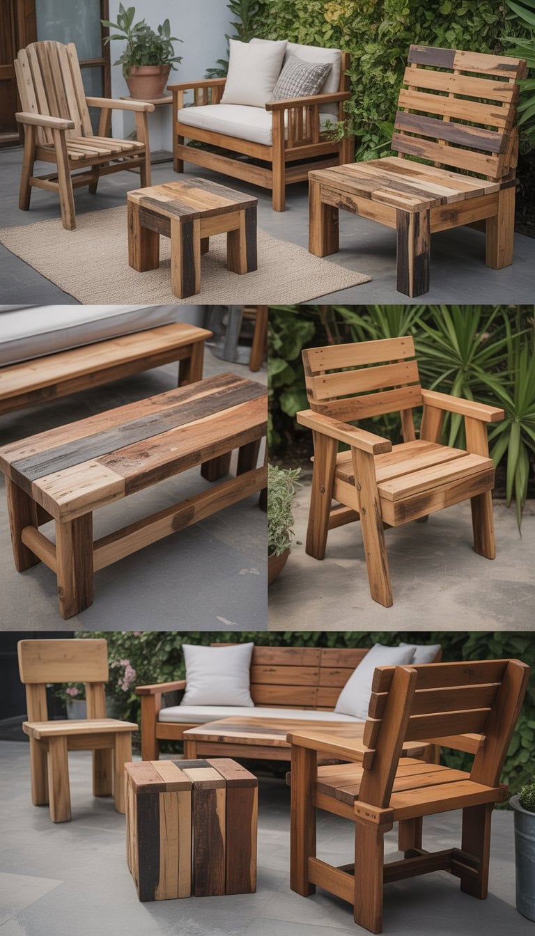 Outdoor patio with multiple pieces of wooden furniture made from reclaimed wood, surrounded by plants and natural light.