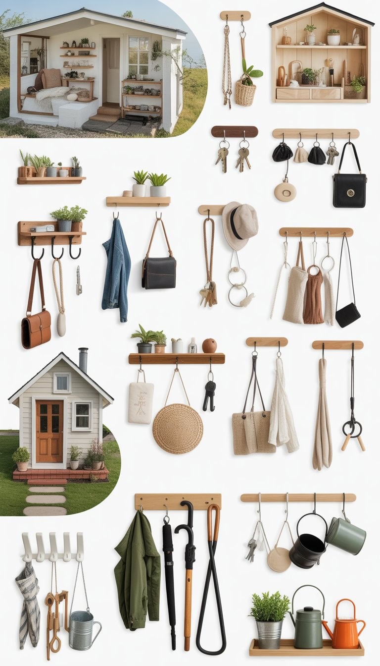 Various decorative hooks and racks holding everyday items inside and outside tiny homes, including keys, coats, plants, and gardening tools.