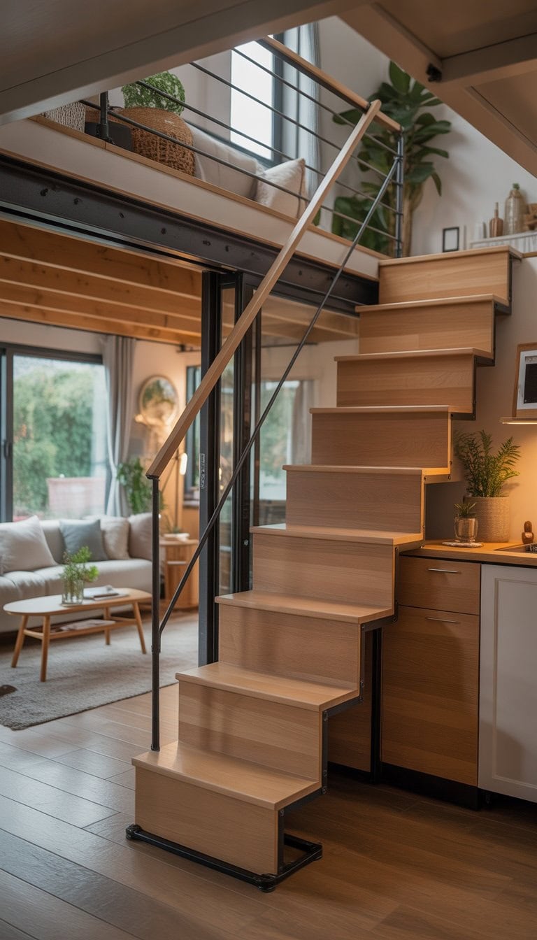 Fold-away wooden stairs leading to a loft area inside a tiny home with natural light and cozy interior furnishings.
