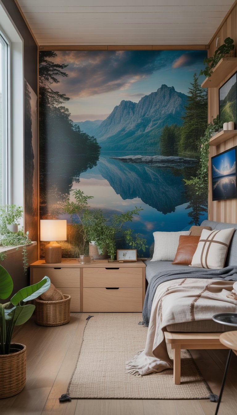 Interior of a tiny home with wall art showing landscape scenes of mountains, forests, and lakes.