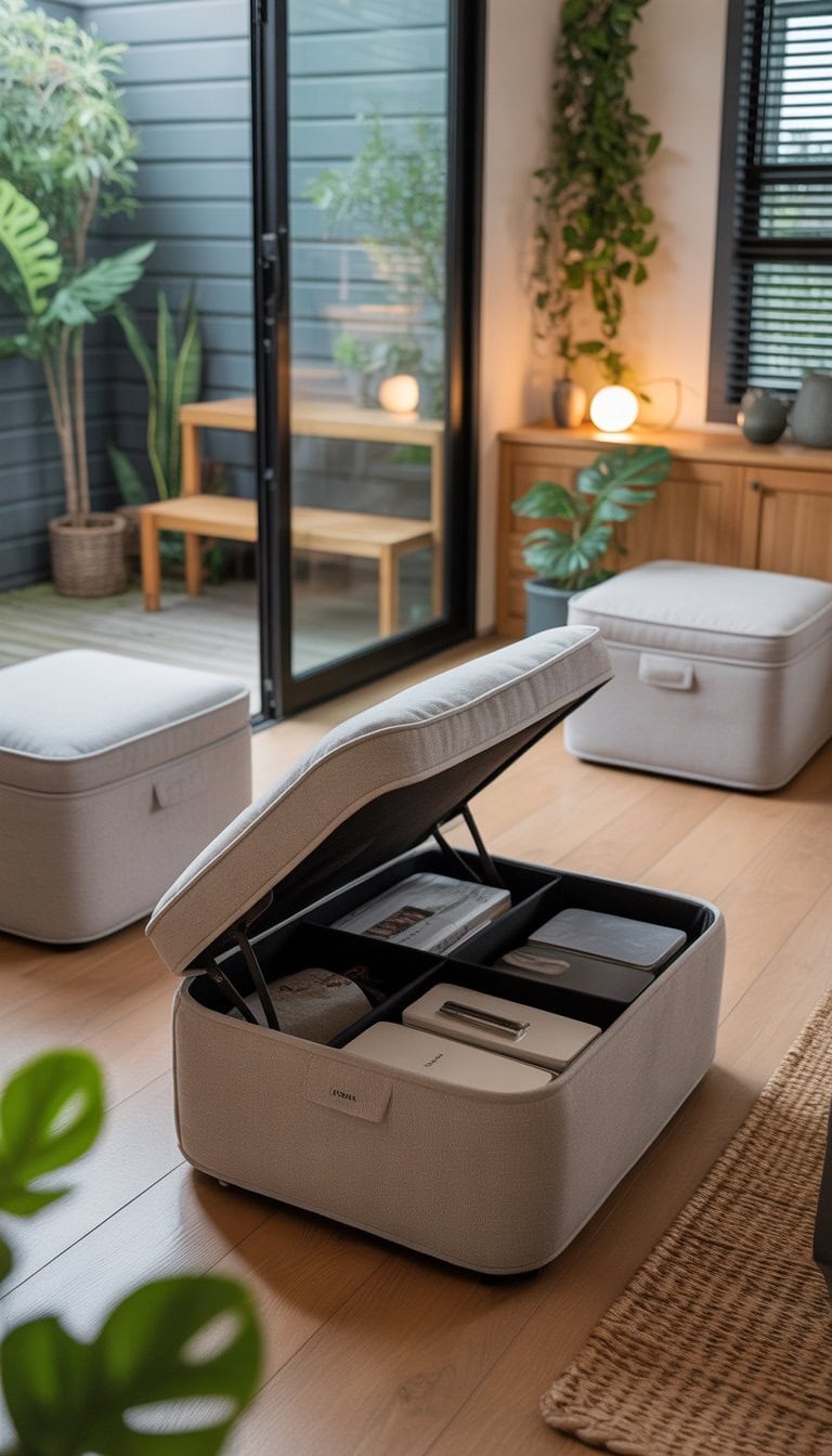 A tiny home living area with a modern ottoman opened to show hidden storage, surrounded by compact furniture and plants, with natural light coming through windows.