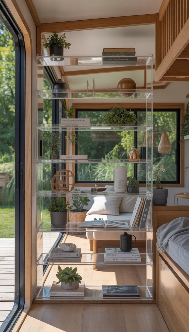 Interior of a tiny home with open shelving and natural light, showing a bright and organized living space with views of greenery outside.