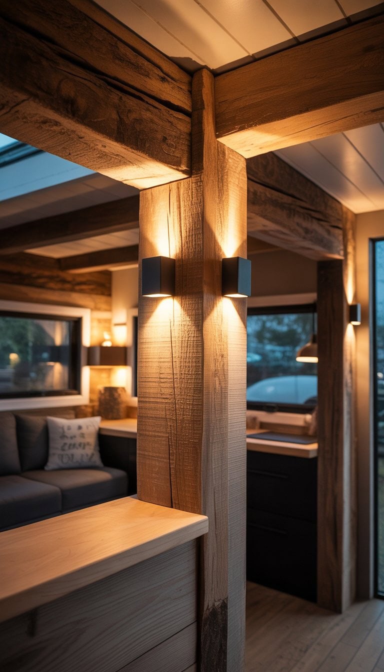Interior view of a tiny home with accent lighting highlighting rustic wooden beams and cozy decor.
