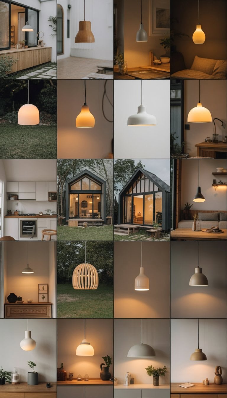 Various small modern pendant lamps glowing warmly inside and outside tiny homes, illuminating cozy living and outdoor spaces.