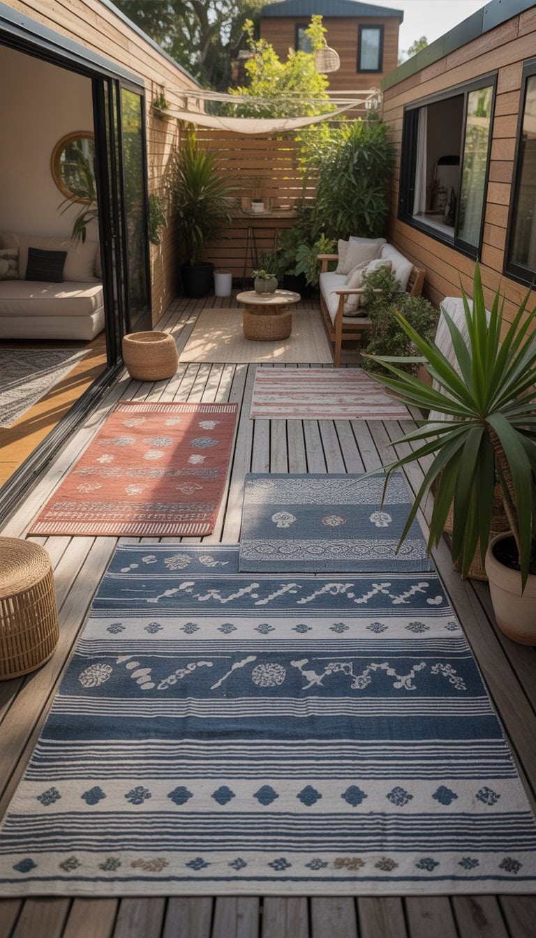 A wooden deck with various rugs separating seating and plant areas outside tiny homes.