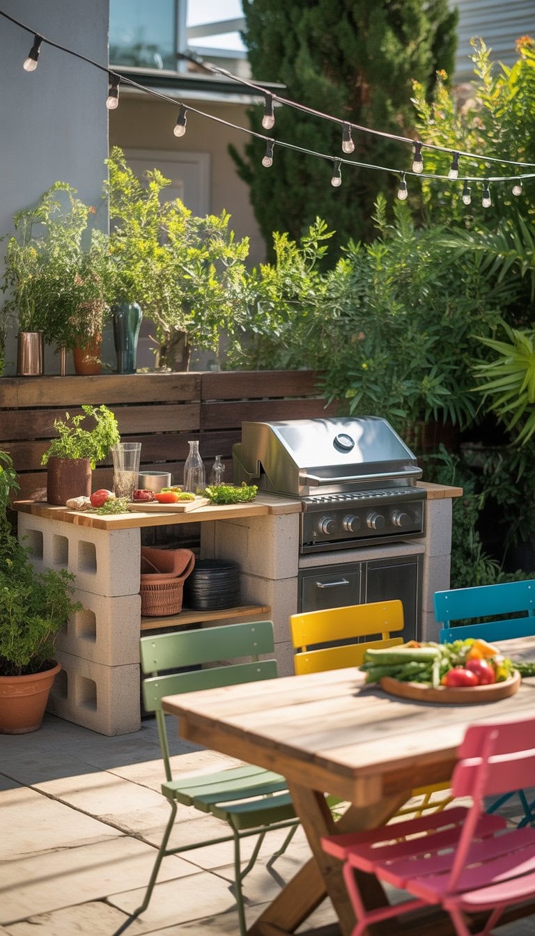 Outdoor kitchen area with a small grill, wooden countertop, plants, and a dining table with chairs in a backyard.