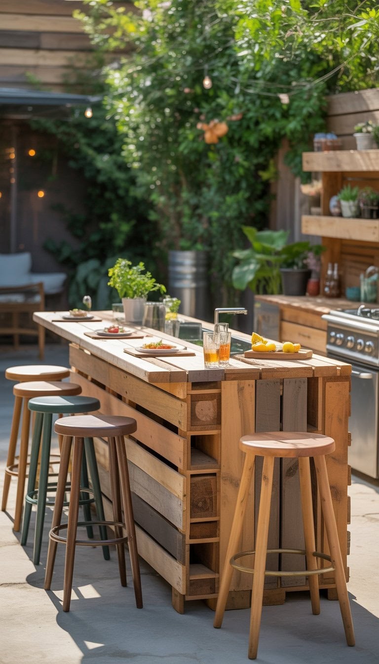 An outdoor bar made from pallet wood with stools, drinks, and appetizers set in a backyard with plants and natural light.