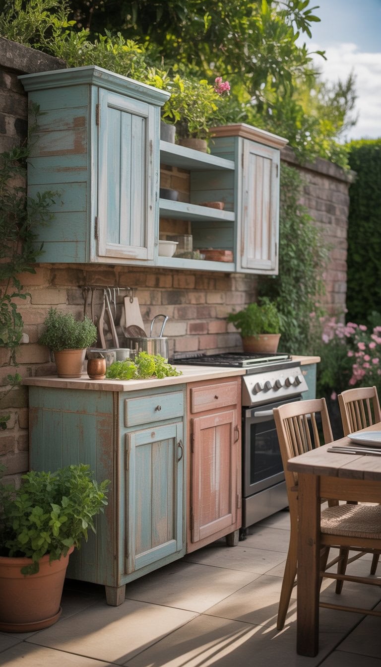Outdoor backyard kitchen with vintage wooden cabinets used as storage, surrounded by plants and a dining table set for a meal.
