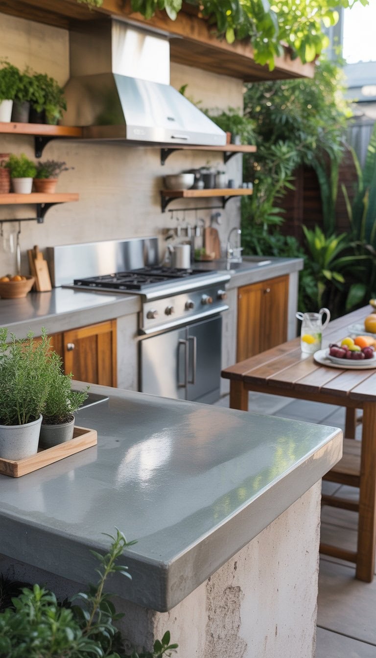 An outdoor kitchen with concrete countertops, wooden cabinets, potted plants, and a small dining table set for a meal in a sunny backyard.