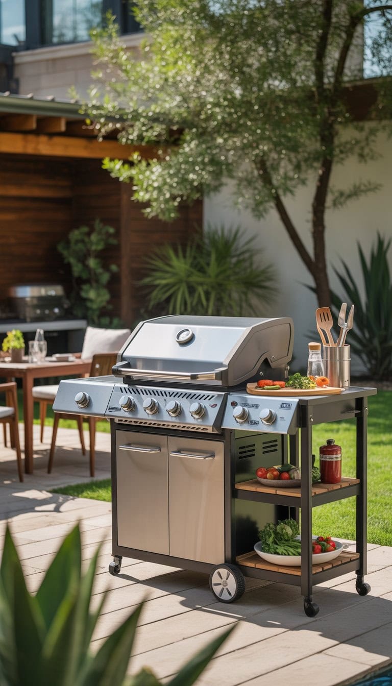 A portable gas grill cart on a backyard patio surrounded by outdoor kitchen items and greenery.