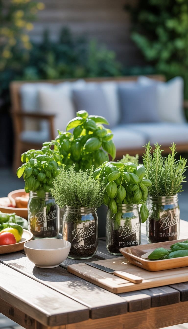 Outdoor wooden table with mason jars filled with fresh herbs and simple kitchen items, set in a sunny patio area for alfresco dining.
