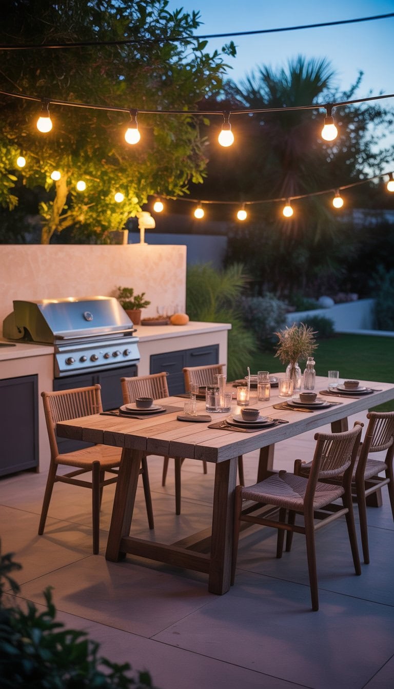 An outdoor kitchen and dining area at dusk with string lights overhead, a grill, wooden table set for a meal, and surrounding greenery.