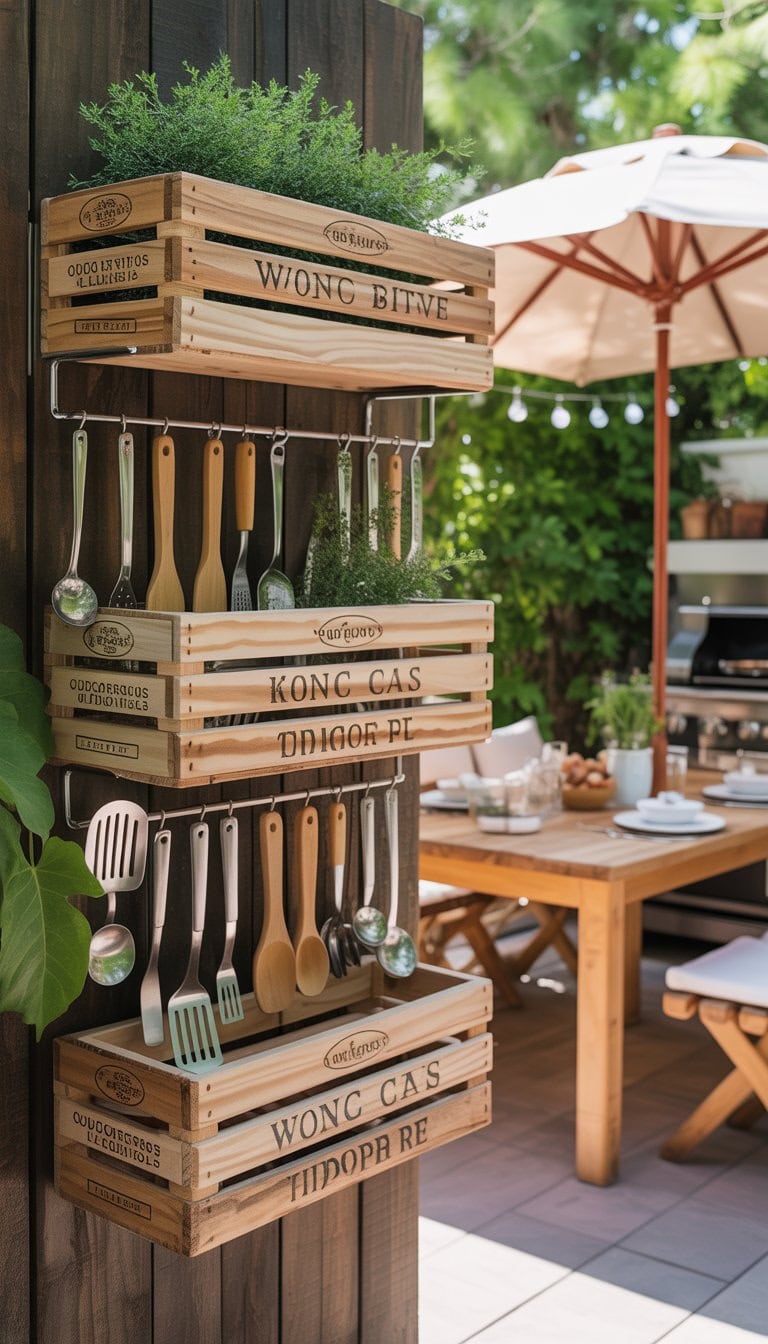 Outdoor kitchen with wine crate shelves holding utensils and a wooden dining table set for a meal surrounded by greenery.