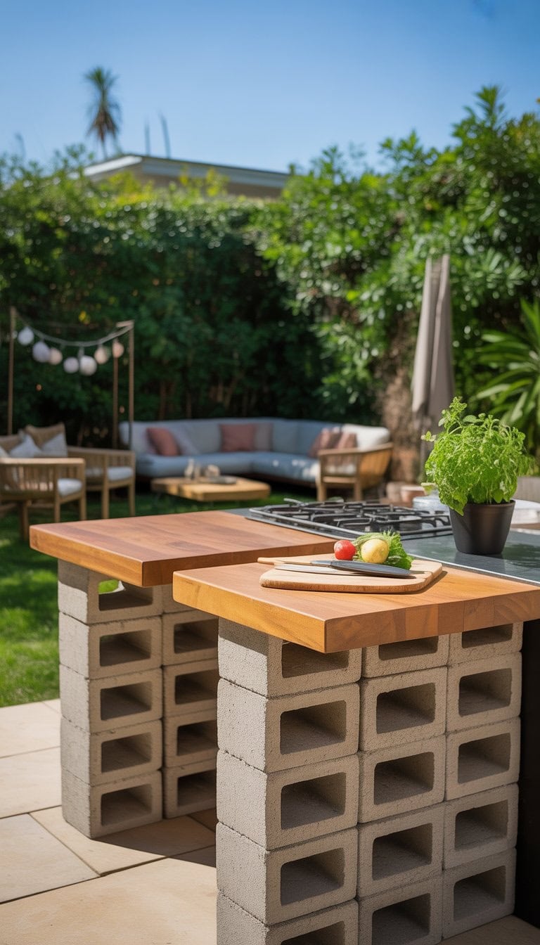 Outdoor kitchen with cinder block base and wooden slab countertops surrounded by greenery and outdoor seating.