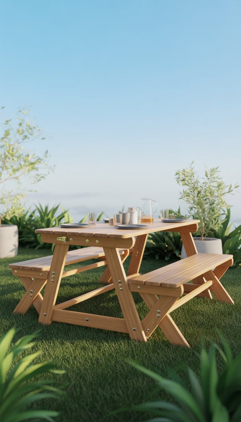 Foldable picnic table with benches set up outdoors on grass with dining items on the table and greenery in the background.