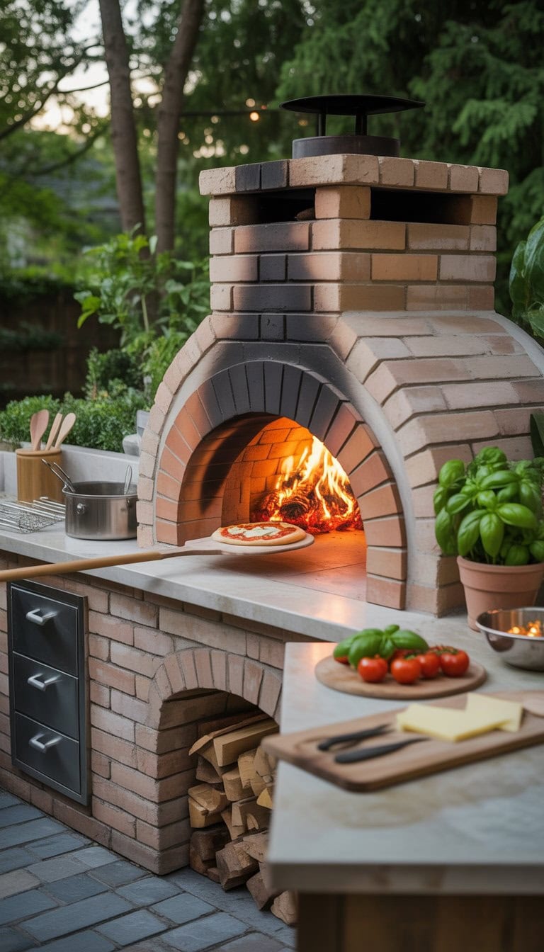 Outdoor built-in pizza oven made of firebricks with a fire inside, surrounded by countertops, cooking ingredients, and greenery in a backyard setting.