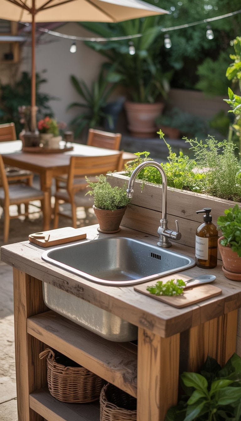 Outdoor kitchen with a rustic sink made from a repurposed basin surrounded by plants and wooden furniture in a sunny backyard.