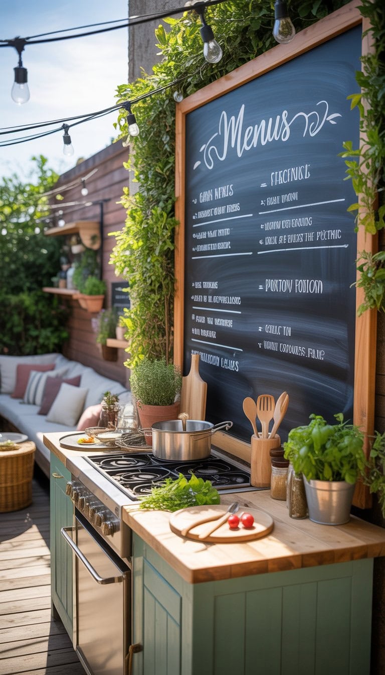 Outdoor kitchen area with a large blank chalkboard wall, wooden countertop with cooking items, seating, and greenery under string lights.