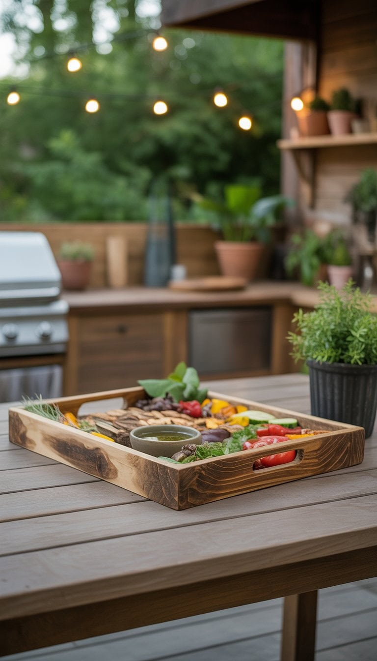 A reclaimed wood serving tray with fresh grilled vegetables and herbs on an outdoor wooden table surrounded by plants.