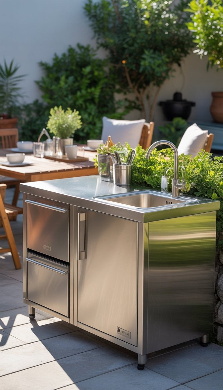 Outdoor stainless steel kitchen prep station with a wooden dining table and plants in a backyard setting.