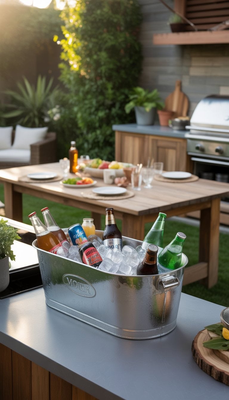 Metal trough cooler filled with ice and drinks on an outdoor kitchen counter with a backyard patio and dining setup.