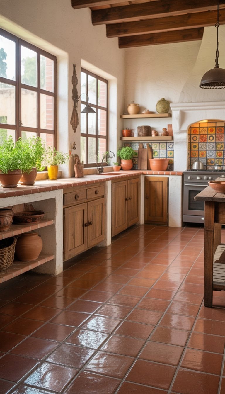 A bright kitchen with terracotta tile floors, wooden cabinets, and decorative pottery on the counters.