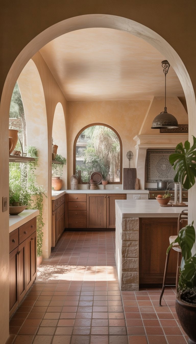 Bright kitchen with arched doorways, wooden cabinets, and a central island decorated with plants and ceramic pots.