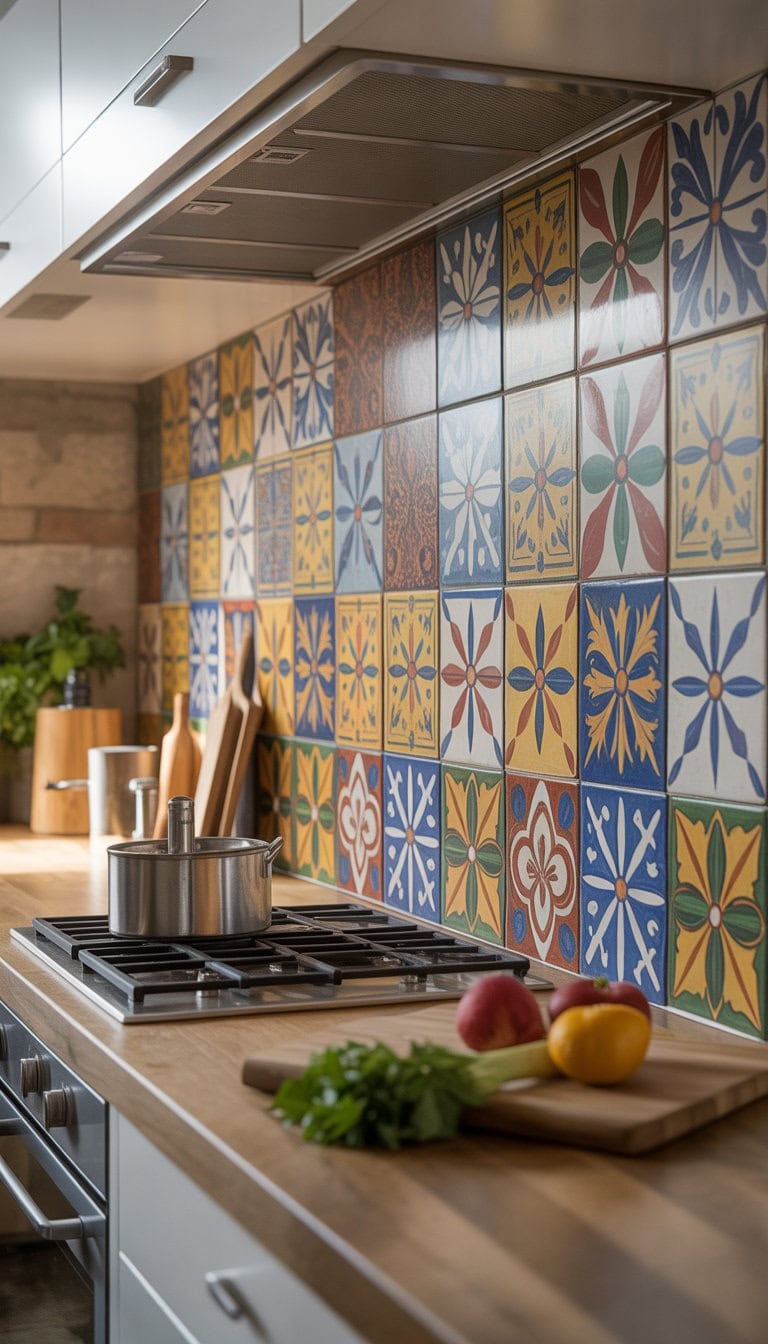 A kitchen wall with colorful patterned tiles used as a backsplash behind a countertop with kitchenware.