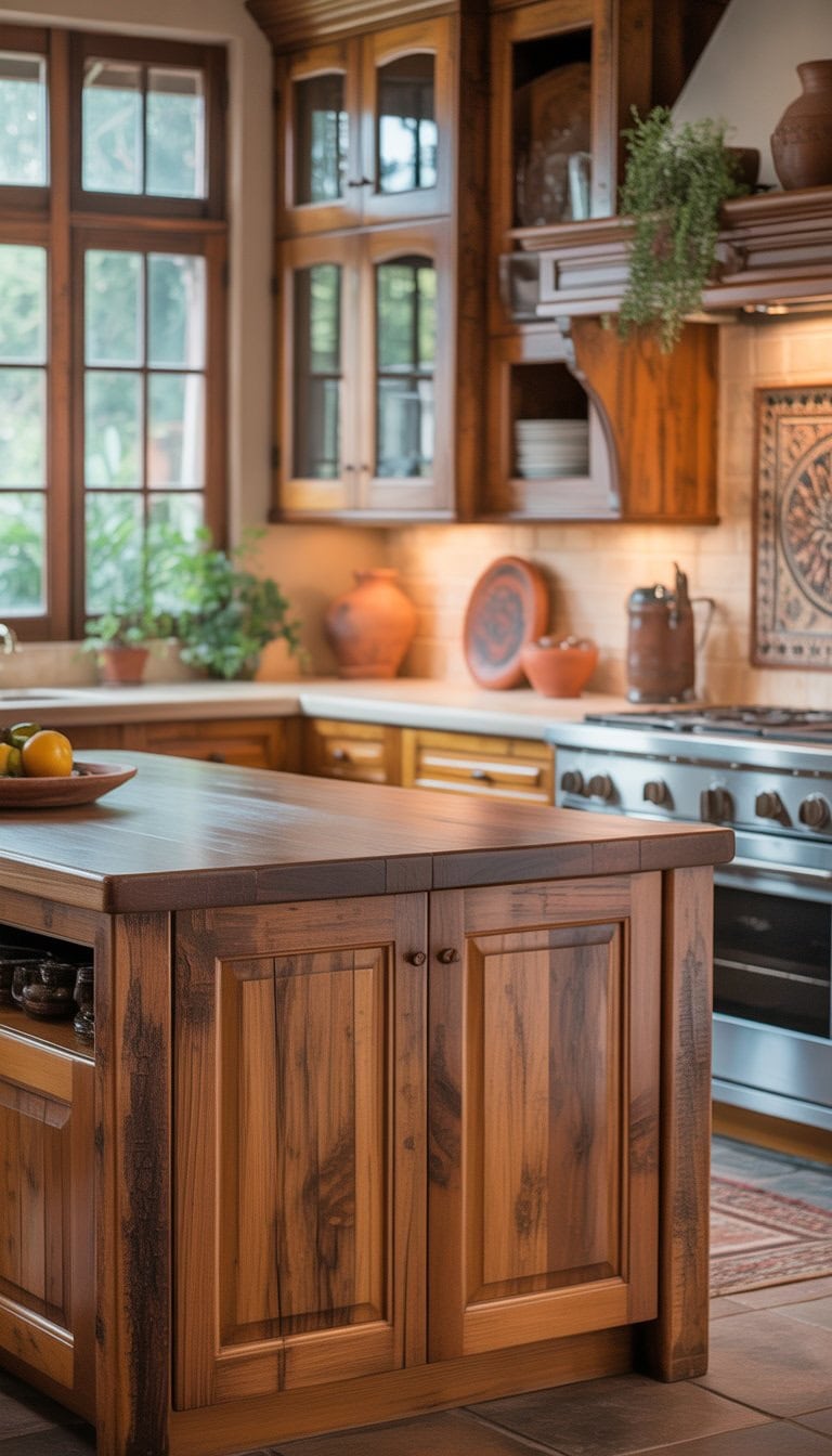 A kitchen with wooden cabinets and a large island, natural light coming through windows, and decorative pottery on shelves.