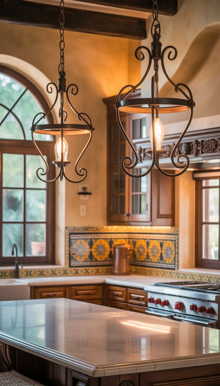 A bright kitchen with wrought iron light fixtures hanging above a stone countertop island and decorative tiled backsplash.