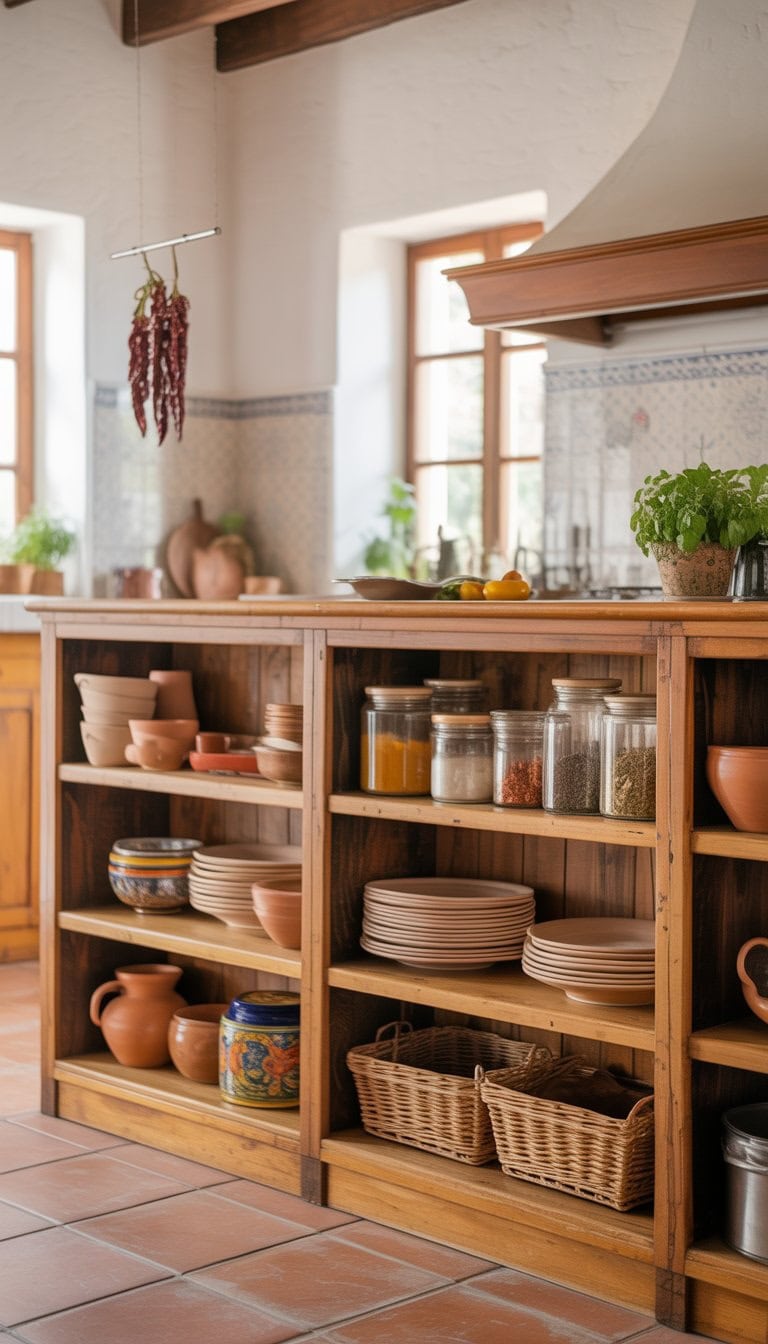 Open wooden shelving in a bright kitchen displaying plates, pots, jars, and fresh herbs.