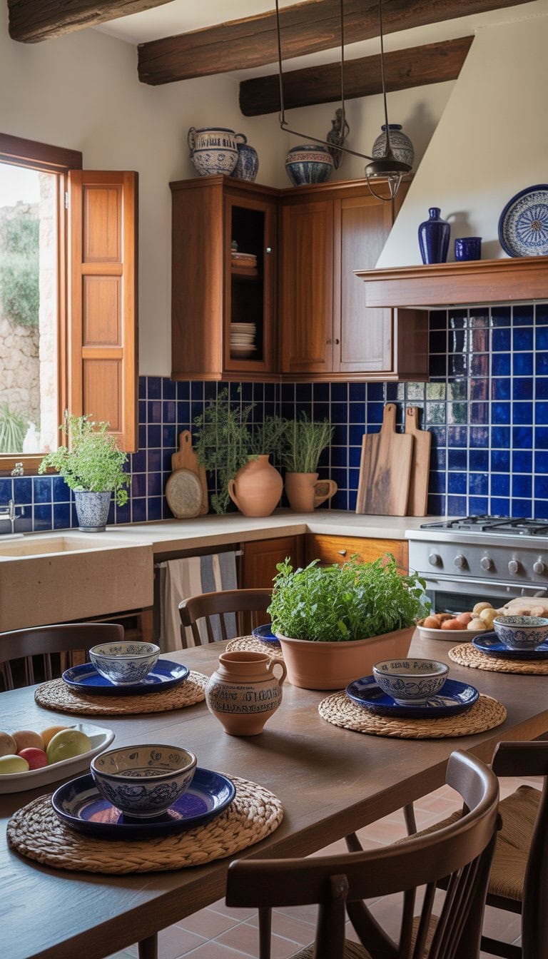 A sunlit kitchen with wooden cabinets, blue tiled backsplash, a wooden dining table with pottery, and Mediterranean decor.