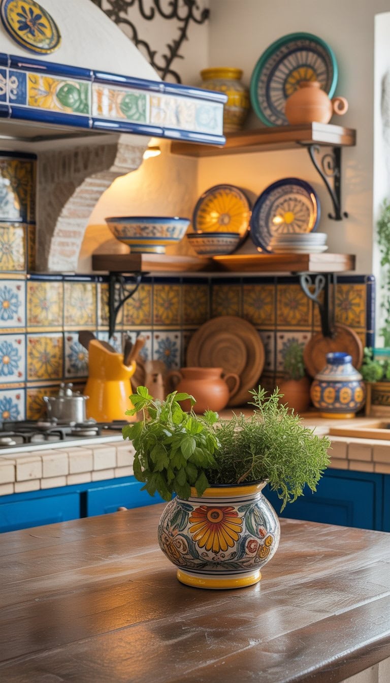 A bright kitchen with colorful hand-painted ceramic tiles, bowls, and decorative accents on shelves and countertops.