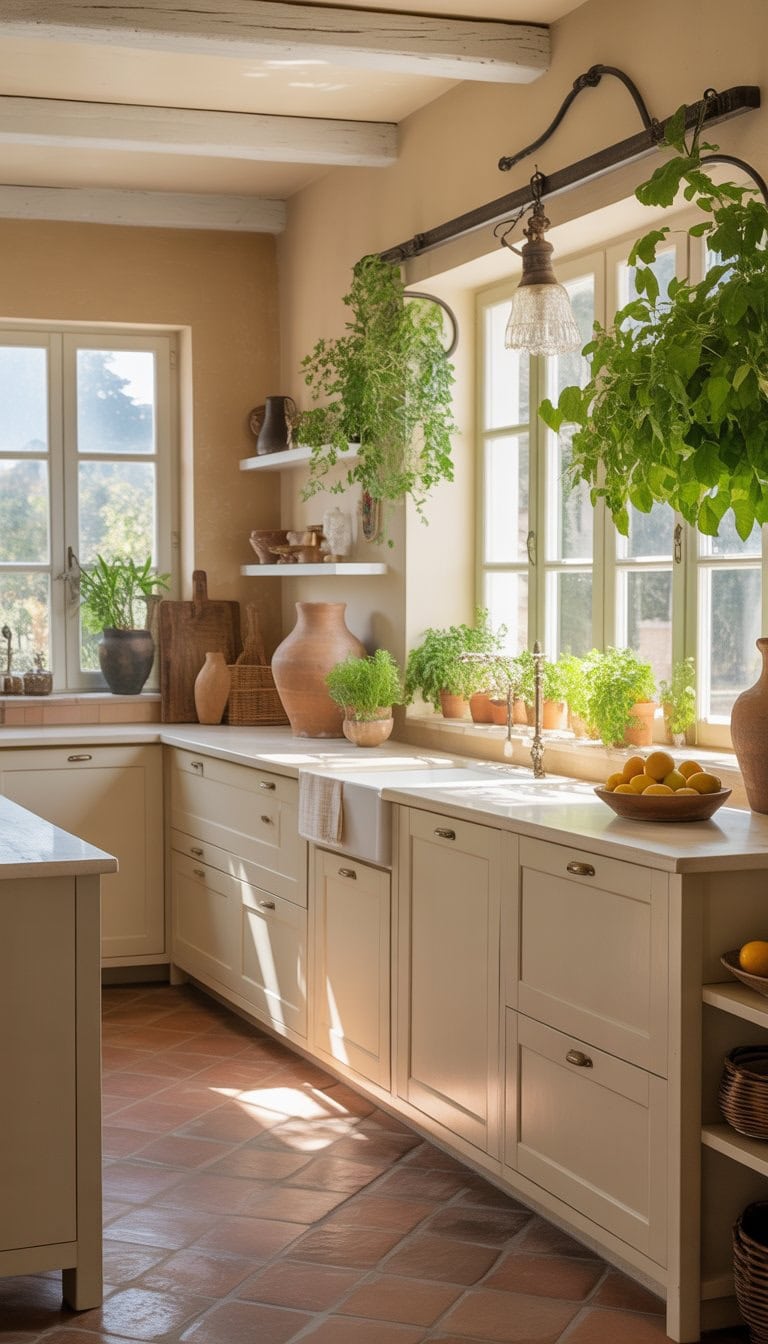 A bright kitchen with off-white cabinets, wooden accents, plants, and sunlight coming through large windows.