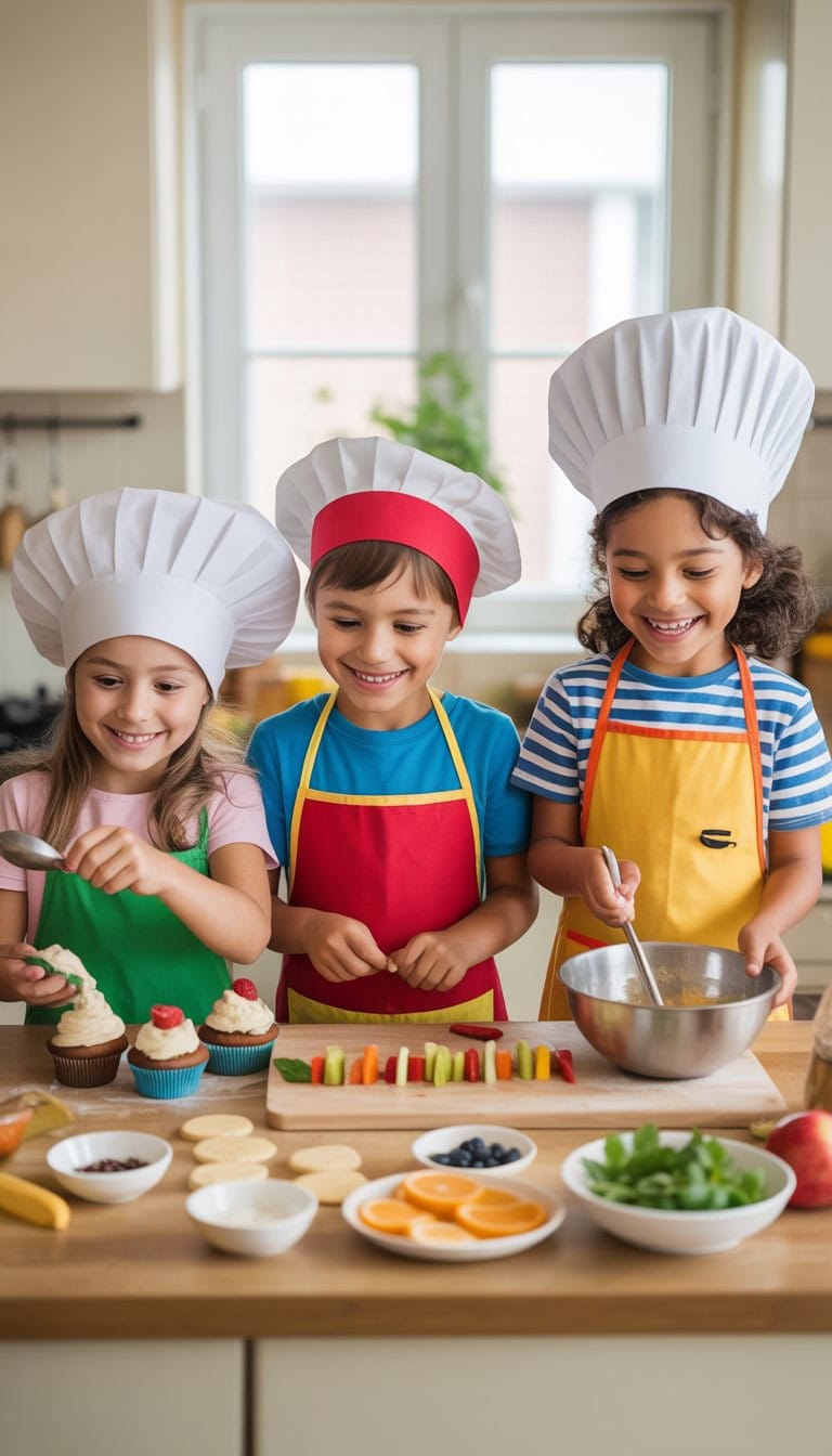 Three children happily making simple recipes together in a bright kitchen with colorful ingredients on the counter.