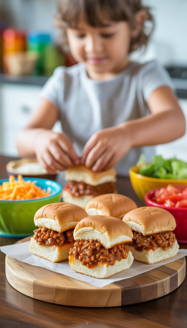 Four sloppy joe sliders on a wooden board with bowls of ingredients and a child's hands assembling a slider in a bright kitchen.