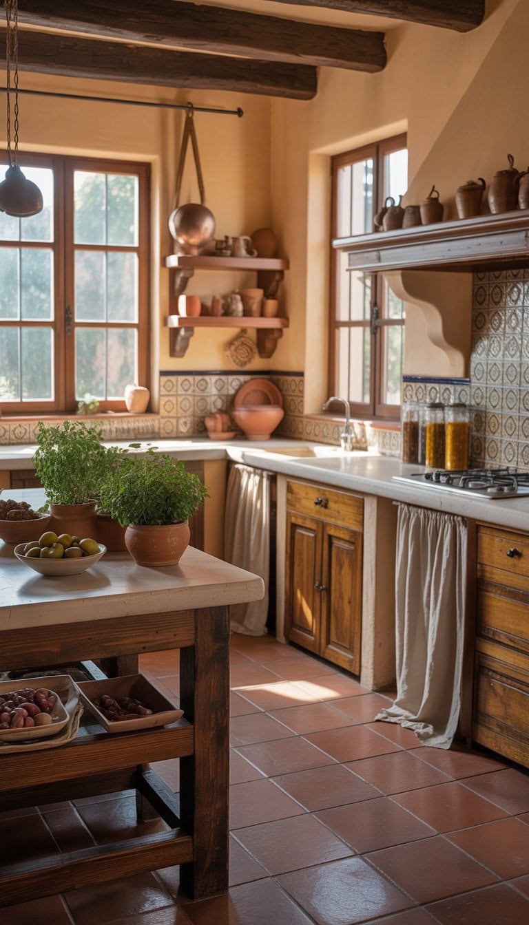 A cozy kitchen with wooden cabinets, terracotta tiles, stone countertops, and sunlight coming through large windows.