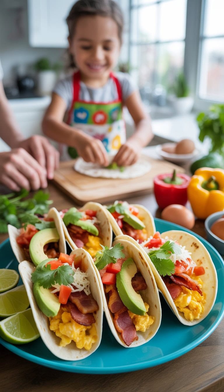A child and adult making crunchy breakfast tacos with eggs, bacon, avocado, and tomatoes in a bright kitchen.