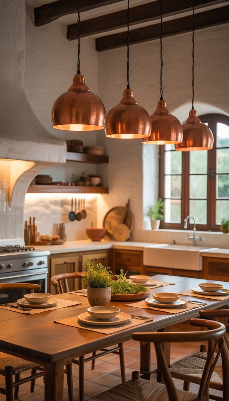 A kitchen with copper pendant lights hanging above a wooden dining table and natural light coming through a window.