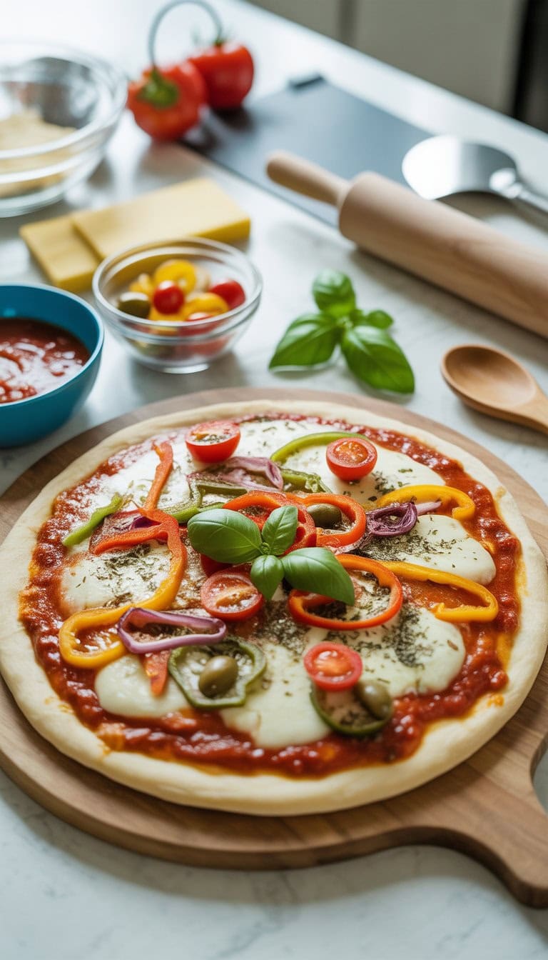 A freshly baked homemade pizza with tomato sauce, cheese, and vegetables on a wooden board surrounded by cooking ingredients and utensils in a bright kitchen.