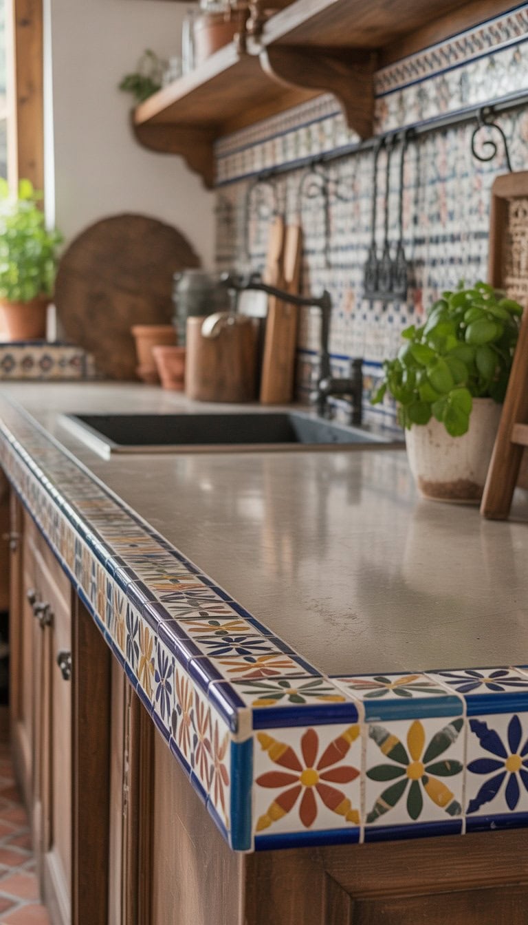 A kitchen countertop with colorful patterned mosaic tile edges and wooden cabinets in a bright room.