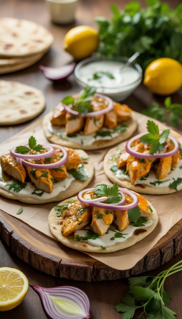 A wooden board with lemon and yogurt chicken flatbreads topped with herbs and yogurt sauce, surrounded by fresh lemons, yogurt, and herbs.