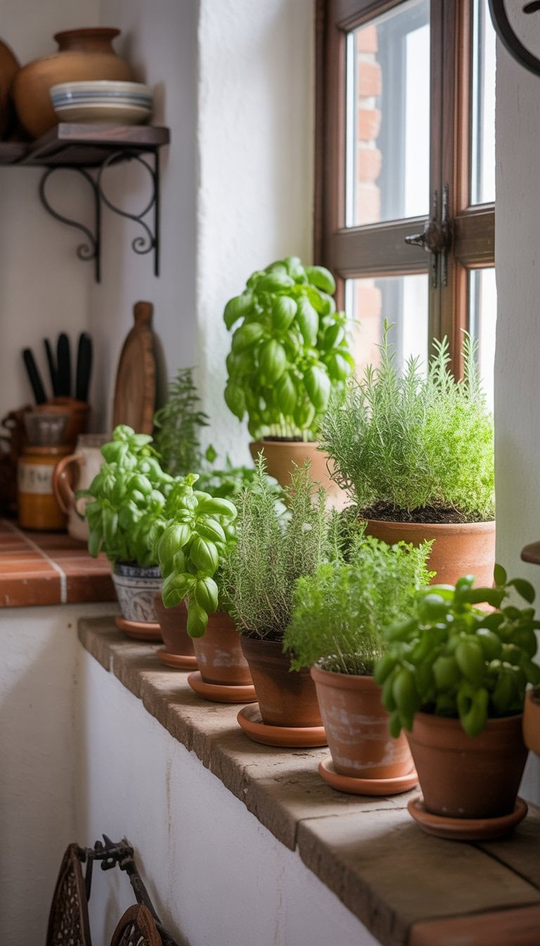 Windowsill with clay pots containing various herb plants in a bright kitchen.