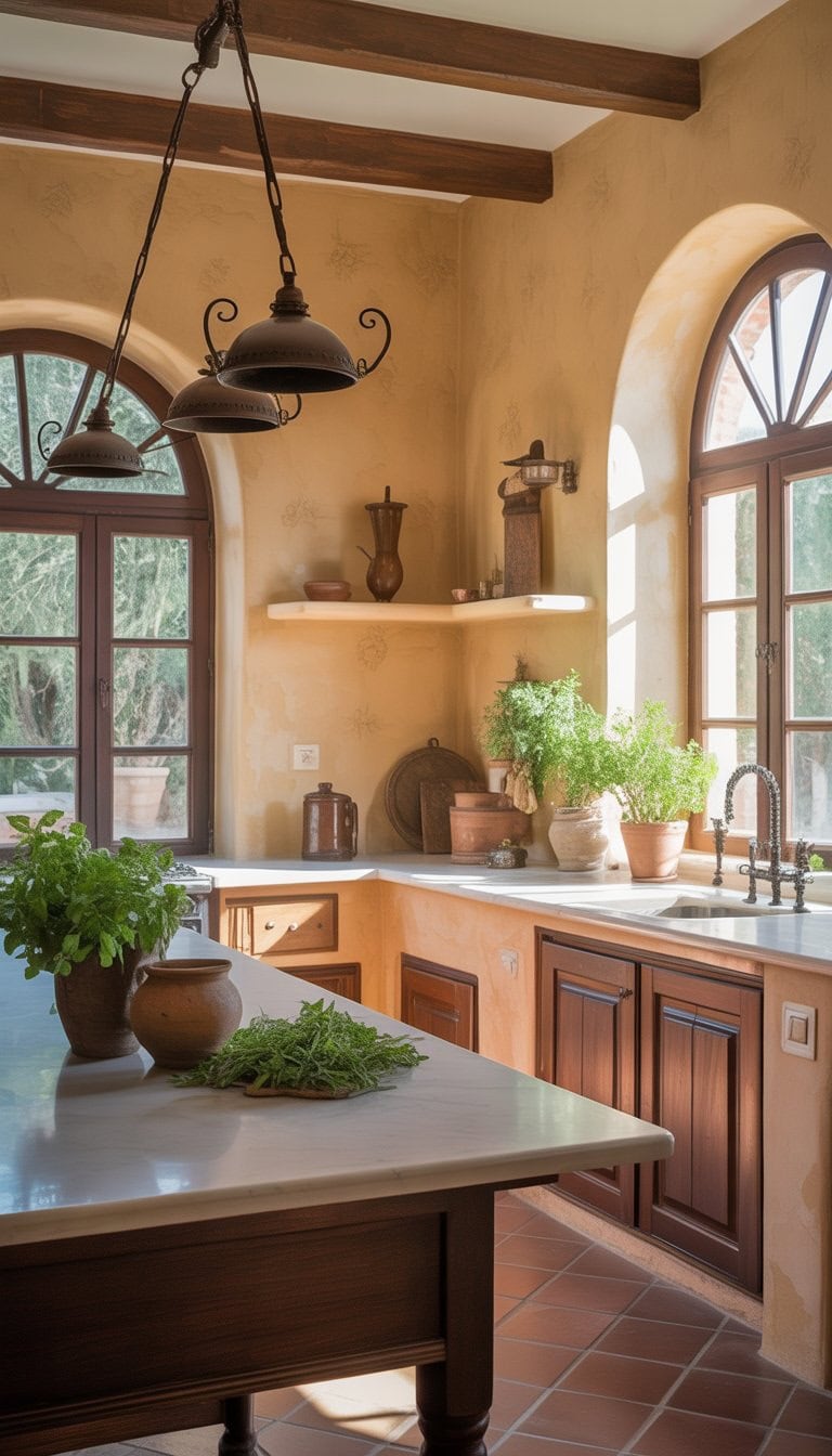 A bright kitchen with textured plaster walls, wooden beams, and a spacious island with decorative pottery and fresh herbs.